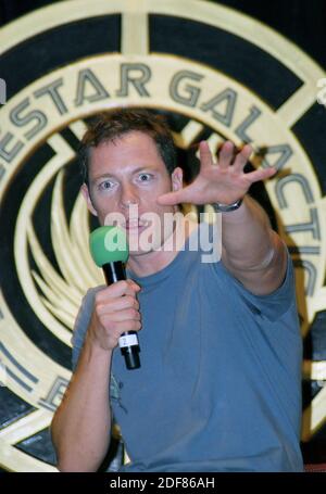 Tahmoh Penikett canadian television actor known for the science fiction show Battlestar Galactica, here at London Film and Comic Con entertaining fans Stock Photo