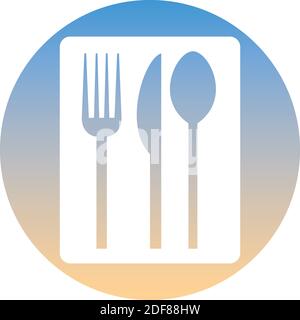 Cutlery symbol of a set. White spoon, fork and knife icon, on gradient button. Use for banner, card, poster, brochure, banner, app, web design. Easy t Stock Vector