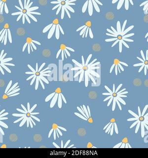 White daisies seamless pattern on a yellow background. Daisy field Stock Vector