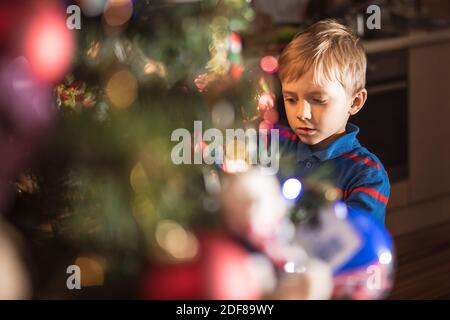Portrait of 6 years old boy decorating Christmas tree Stock Photo