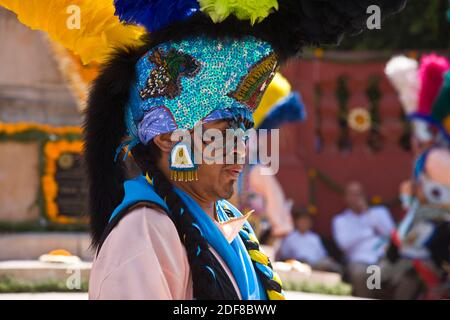 Dance troupes come from all parts of Mexico representing their region in the annual INDEPENDENCE DAY PARADE in September - SAN MIGUEL DE ALLENDE, MEXI Stock Photo