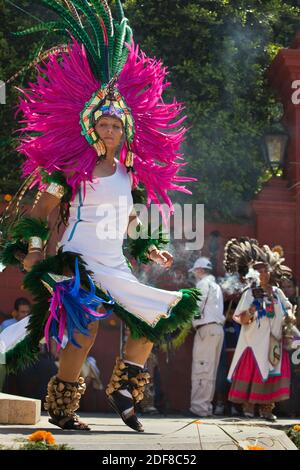 Dance troupes come from all parts of Mexico representing their region in the annual INDEPENDENCE DAY PARADE in September - SAN MIGUEL DE ALLENDE, MEXI Stock Photo