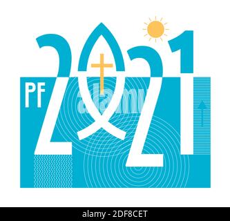 Jesus fish symbol, new year greeting card. Pf card new year 2021 with Jesus fish symbol with cross, on decorative background. Vector available. Stock Vector