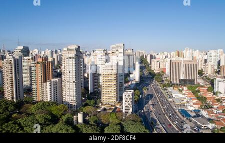 Aerial view of Sao Paulo city, car traffic in 23 de Maio avenue, north-south corridor, commercial and residential buildings in Sao Paulo city,  Brazil Stock Photo