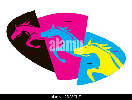 Fast printing concept, three jumping horses. Horses in the colors of the CMYK color model. Concept for presenting of color printing. Vector available. Stock Vector