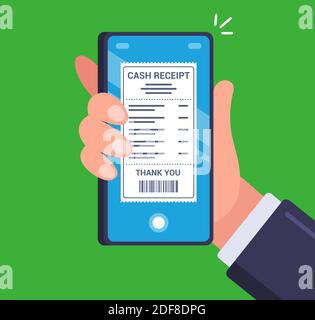 the person received an electronic check on their smartphone after shopping in the store. checking your expenses on your mobile device. flat vector illustration. Stock Vector