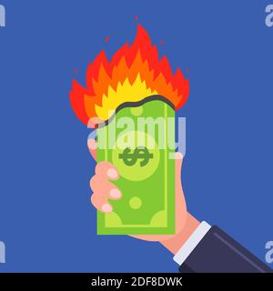 a bill is burning in a man hand. business financial crisis. flat vector illustration. Stock Vector