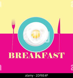 Bright vector poster with Breakfast scrambled eggs on pop art background. Advertising design of scrambled eggs on multicolored Stock Vector
