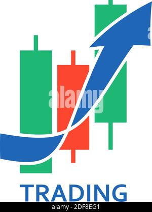 Template of logo for exchange and trading with japanese candles and arrow. Vector graphic logotype Stock Vector