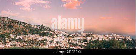 Monte San Biagio, Italy. Top View Of Residential Area. Cityscape In Autumn. Altered Sunset Sky Stock Photo