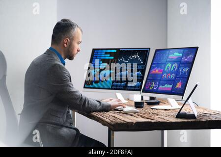 Financial Analyst Or Advisor Using KPI Data Technology On Desktop Stock Photo