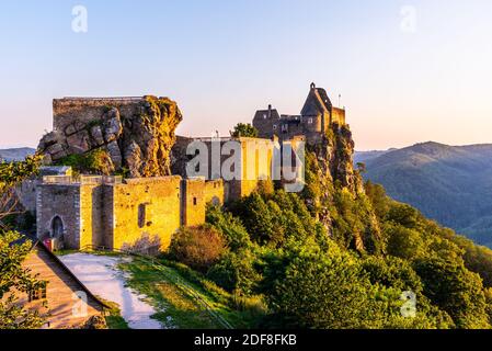 Aggstein Castle ruins at sunse time. Wachau Valley of Danube River, Austria. Stock Photo