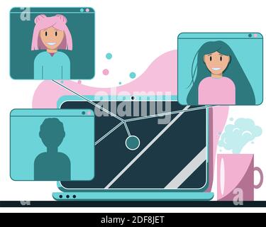 Video conference, online lesson, remote work meeting concept illustration. Laptop, mug of hot drink, web connection friends, colleagues, students. Network, brainstorming. Live stream application. Vector illustration Stock Vector