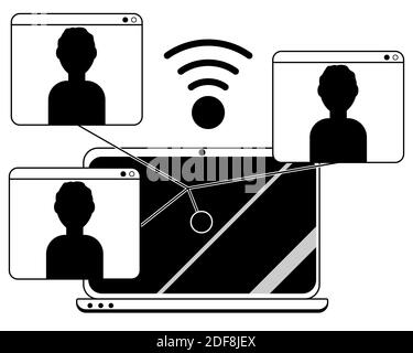 Internet multi call, zoom conference, online lesson, work live stream. Silhouette icon of remote network, education, brainstorming, meeting. Chat application. Laptop screen, wi-fi sign, people. Black. Vector illustration Stock Vector