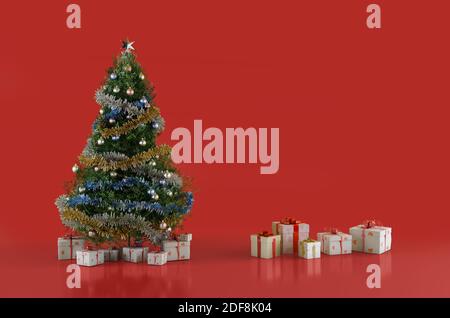 christmas fir tree and christmas presents boxes 3d-illustration with copy space on the right Stock Photo