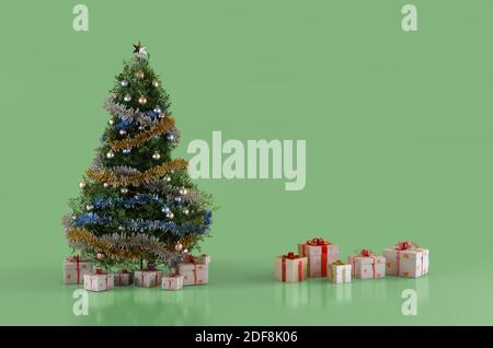 christmas fir tree and christmas presents boxes 3d-illustration with copy space on the right Stock Photo