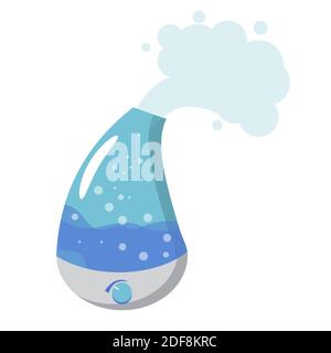 Humidifier device in blue color. Electronic gadget to moisture indoor air for healthy breathing. Health care equipment in flat isolated vector. Water, bubbles and steam. Household appliance. Vector illustration Stock Vector