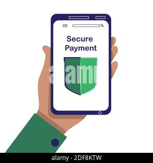 Secure payment flat vector concept illustration. Hand with smartphone and green shield symbol on screen. Safe money transaction. Online shopping or banking protected connection information. Isolated. Vector illustration Stock Vector