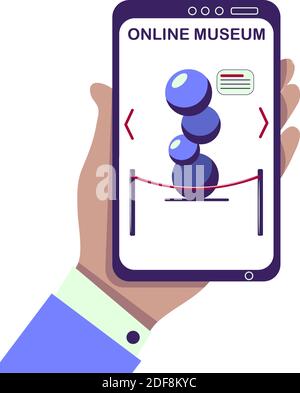 Hand with smartphone using online museum, gallery application, website. Distant excursion, education concept illustration. Flat isolated vector. Modern art piece abstract sculpture. Digital exhibition. Vector illustration Stock Vector