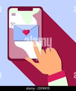 New incoming love message screen notification. Finger tap gesture, smartphone, envelope with heart. Romantic chat, dating application, long distance relationship concept illustration. Flat vector. Vector illustration Stock Vector