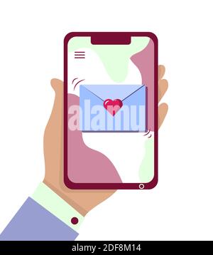 New incoming love message screen notification. Hand with smartphone, envelope with heart. Romantic chat, dating application, long distance relationship concept illustration. Flat isolated vector. Vector illustration Stock Vector