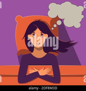 Young happy girl dreaming in bed. Thinking bubble, pillow, blanket. Ready to fall asleep. Flat cartoon vector illustration for sleeping accessories advertising, health care daily routine banner. Vector illustration Stock Vector