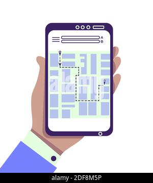 Hand with smartphone, application to order taxi, online navigation map, drive from point A to B, route map, find address. Search best way. Flat isolated vector illustration. Tracking delivery info. Vector illustration Stock Vector