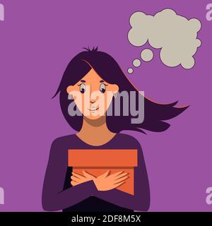 Pretty smiling lady with long hair, cardboard box in her hands. Thought bubble, surprise gift. Parcel, purchase delivery experience concept. Flat vector. Woman, girl portrait with present. Vector illustration Stock Vector