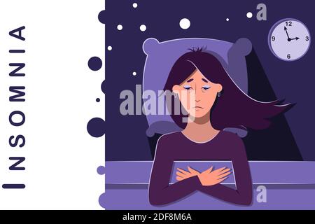Sleepless night, awake upset sad woman in bed. Worried, anxious person with insomnia problems. Late time on a clock. Flat vector illustration with copy space for text or logo. All night thoughts. Vector illustration Stock Vector