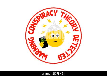 Emoji wearing tin foil hat, carrying phone with all seeing eye icon, conspiracy theory,  QAnon, G5, flat earth, cults concept illustration Stock Photo