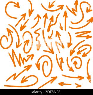 Orange color hand drawn arrows icon set template isolated on white background. Vector Illustration, arrow sketch for web design, mobile apps, interface and other design Stock Vector