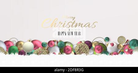 Horizontal Xmas holiday card banner over white with Christmas symbol 3D realistic shiny red green gold balls on white background. Text Merry Christmas Happy New Year. 3D render Stock Photo