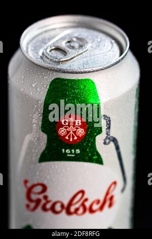 Water droplets on Grolsch Premium Pilsner - Grolsch Premium Lager beer can. Studio photo shoot in Bucharest, Romania, 2021 Stock Photo