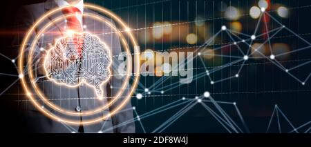 Businessman using digital artificial intelligence icon hologram. 3D rendering Stock Photo