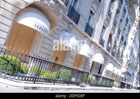 View of a closed Versace store on the avenue Montaigne after