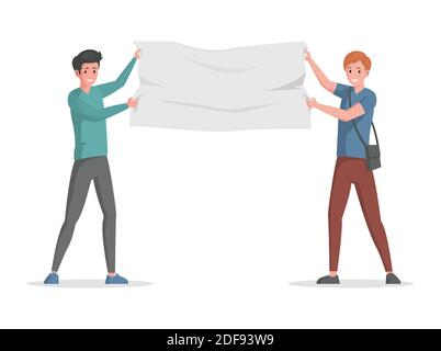 Smiling men in casual clothes holding placard vector flat illustration isolated on white background. Activists characters with banner for demonstration or protesting with space for text. Stock Vector