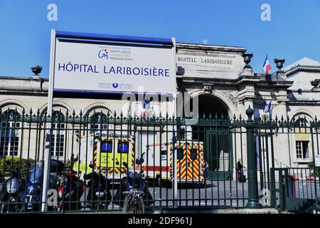 SAMU ambulances arrive at Lariboisiere hospital, during the Covid-19 emergency lockdown, in Paris, France, on April 13, 2020. Photo by KArim Ait Adjedjou/Avenir Pictures/ABACAPRESS.COM Stock Photo