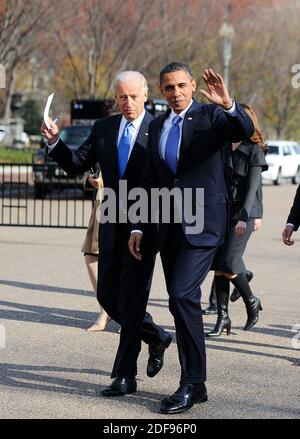 File photo dated December 2, 2010 of President Barack Obama and Vice President Joe Biden cross Pennsylvania Avenue to attend a meeting with newly elected governors at the Blair House in Washington, DC. Former President Barack Obama endorsed Joe Biden, his two-term vice president, on Tuesday morning in the race for the White House. “Choosing Joe to be my vice president was one of the best decisions I ever made, and he became a close friend. And I believe Joe has all the qualities we need in a president right now,” Obama said in a video posted to Twitter. Photo by Olivier Douliery /ABACAPRESS.CO Stock Photo