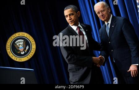 File photo dated December 17, 2010 of US President Barack Obama shakes hands with Vice President Joe Biden prior to sign the middle-class tax cut bill in the South Court Auditorium in Washington, DC, USA on December 17, 2010. Former President Barack Obama endorsed Joe Biden, his two-term vice president, on Tuesday morning in the race for the White House. “Choosing Joe to be my vice president was one of the best decisions I ever made, and he became a close friend. And I believe Joe has all the qualities we need in a president right now,” Obama said in a video posted to Twitter. Photo by Olivier Stock Photo