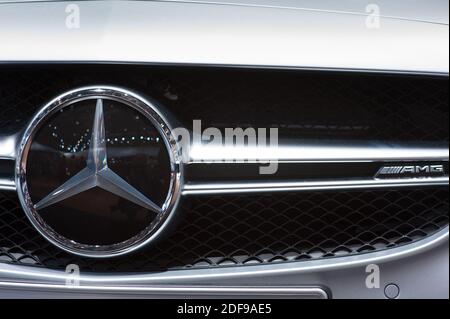 File photo dated October 2, 2014 of a detail of a new AMG Mercedes presented during press day of the Paris Motor Show on October 02, 2014, in Paris, France. On Wednesday of last week, Chancellor Angela Merkel and Germany’s sixteen federal states decided to take little steps back to normality after a coronavirus break of four weeks. Shops with a size of up to 800 square meters got the permission to reopen today, on April 20th, 2020 including car dealerships after a Coronavirus break of four weeks. Photo by Thierry Orban/ABACAPRESS.COM Stock Photo
