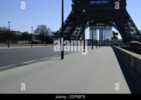 Deserted Pont d'Iena Bridge near Eiffel Tower usually packed with