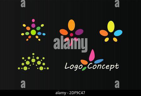 Herb flat cartoon style vector logo set concept. Medical marijuana isolated icons collection on black background. Colored abstract flower leaves for Stock Vector