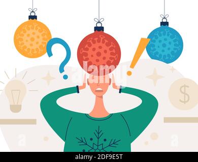 Coronavirus christmas shock concept. Shocked man in a New Year or Christmas suit celebrate xmas. Isolated New Year male. Flat cartoon Vector stock ill Stock Vector
