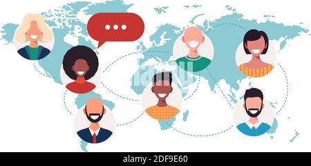 people on world map chat bubbles global communication teamwork connection concept avatar mix race man woman faces flat horizontal vector illustration Stock Vector