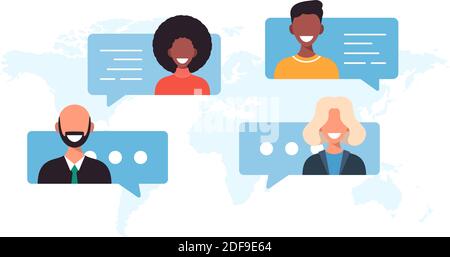 people on world map chat bubbles global communication teamwork connection concept avatar mix race man woman faces flat horizontal vector illustration Stock Vector