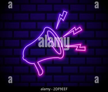 Latest news neon light announcement poster template . Megaphone icon isolated on dark brick wall background. Stock Vector