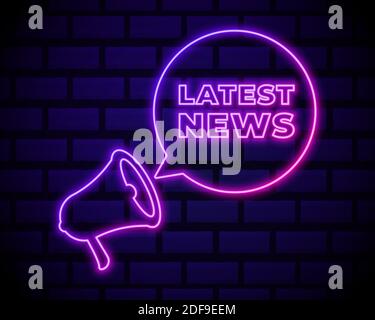 Latest news neon light announcement poster template . Megaphone icon isolated on dark brick wall background. Stock Vector