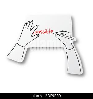 Vector black line hand drawn of hand writing red Possible on blank cut paper with shadow isolated on white background. Paper art. Stock Vector