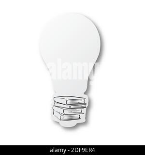 Vector black line hand drawn of books on bulb shape cut paper with shadow isolated on white background. Paper art. Education concept.