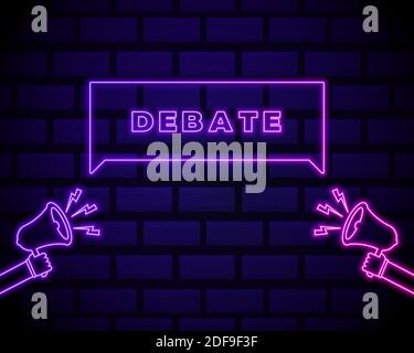 Elections megaphone icon in neon style.Debate template card with bright colors isolated on brick wall background. Signs and symbols can be used for we Stock Vector